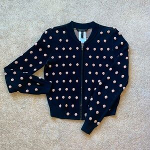 BCBGMAXAZRIA Leesa Black Pink Polka Dot Bomber Sweater Jacket XS